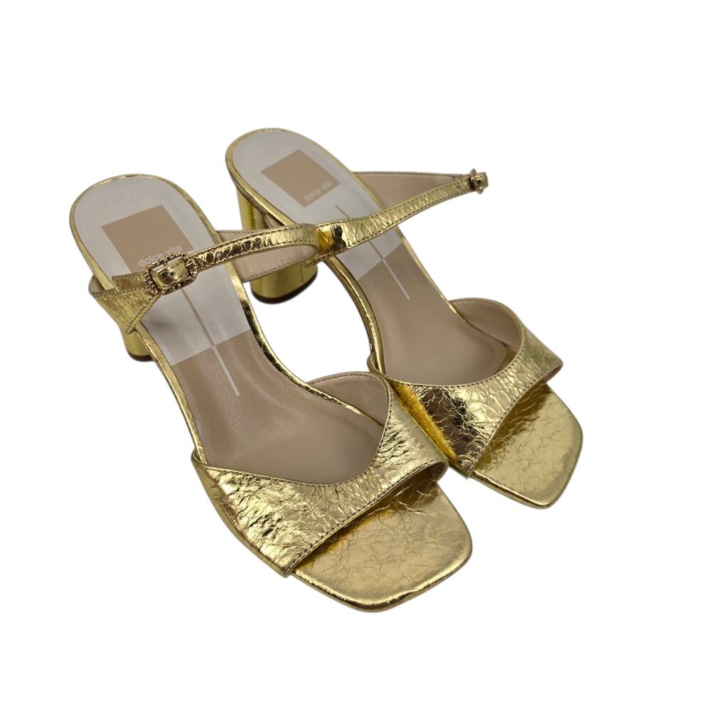 NWOT Dolce Vita Gold Metallic Leather Slip On Block Heel Strappy Sandals Size 7